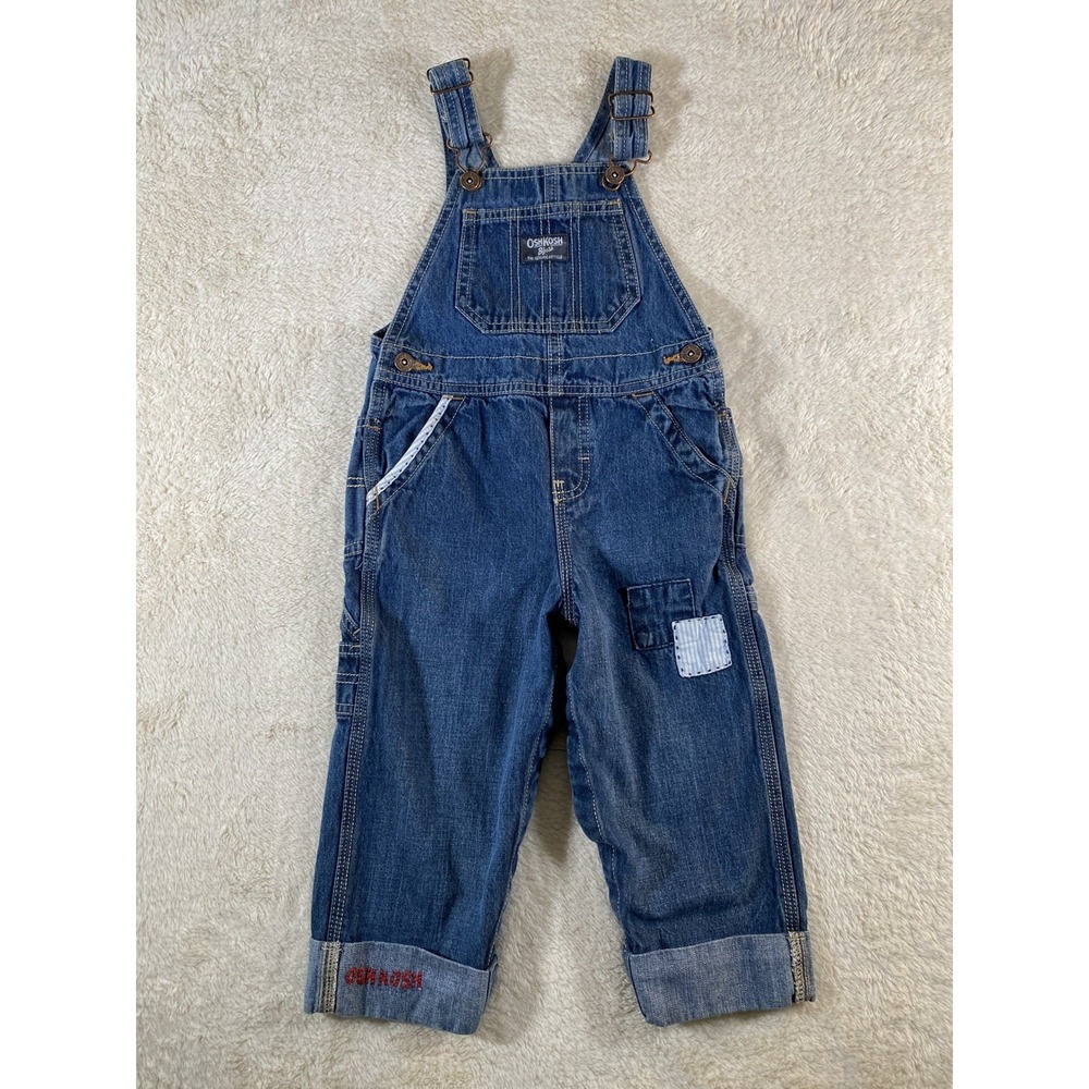 Osh Kosh B'Gosh Cuffed Denim Overalls Size 24m Embroidered Logo Patches